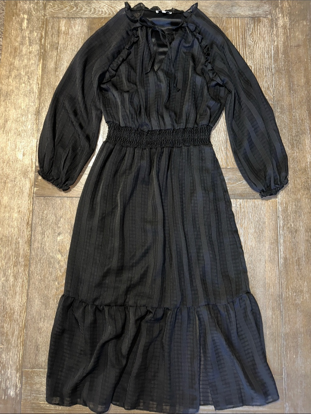 NSR Black Smocked Waist Ruffle Midi Dress Size Medium Boho Cottagecore